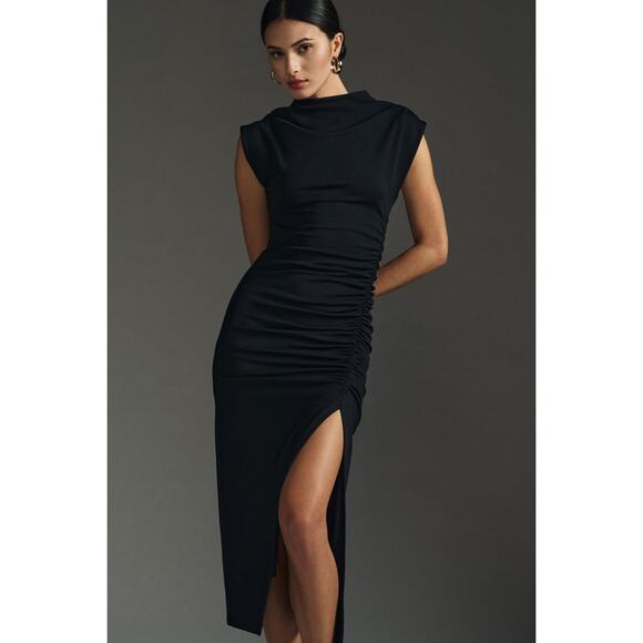 New Anthropologie The Maya Ruched Cowl-Neck Dress $160 X-SMALL XS Black - Picture 3 of 7